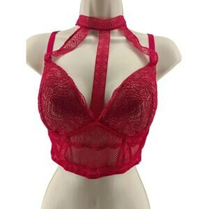 Victoria's Secret Long Line Choker Red Mesh Lined Plunge Bra Womens 34DD